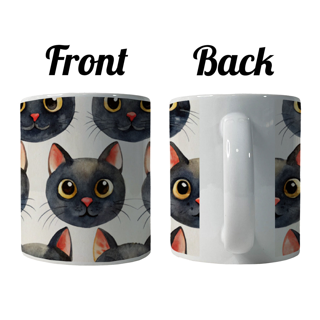 Cute Black Cat Faces Watercolor Ceramic Tea Coffee Mug Cup - 11oz