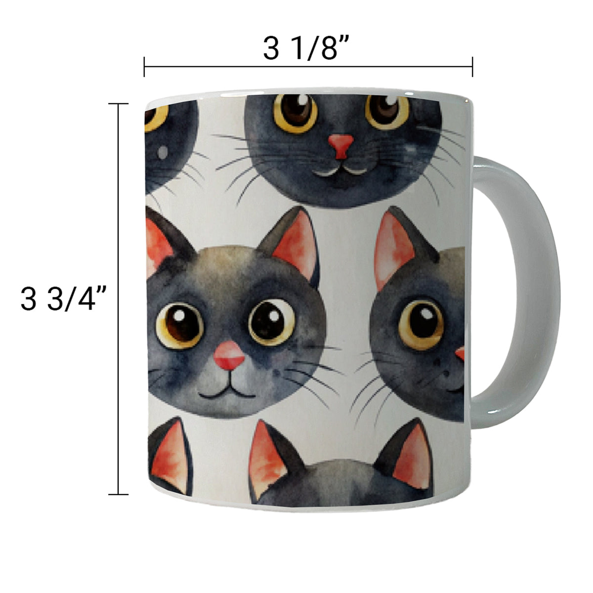 Cute Black Cat Faces Watercolor Ceramic Tea Coffee Mug Cup - 11oz