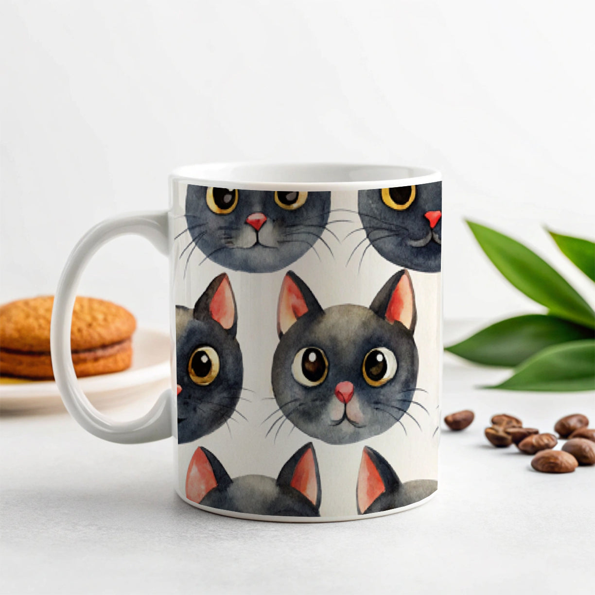 Cute Black Cat Faces Watercolor Ceramic Tea Coffee Mug Cup - 11oz
