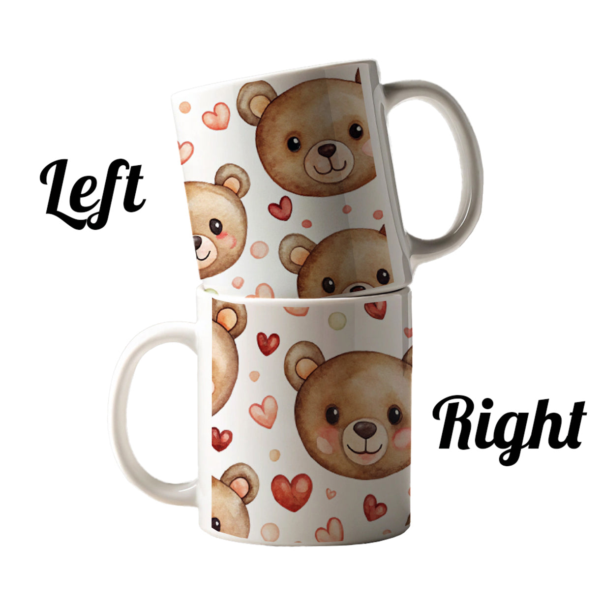 Cute Brown Bear Faces Hearts Ceramic Tea Coffee Mug Cup - 11oz