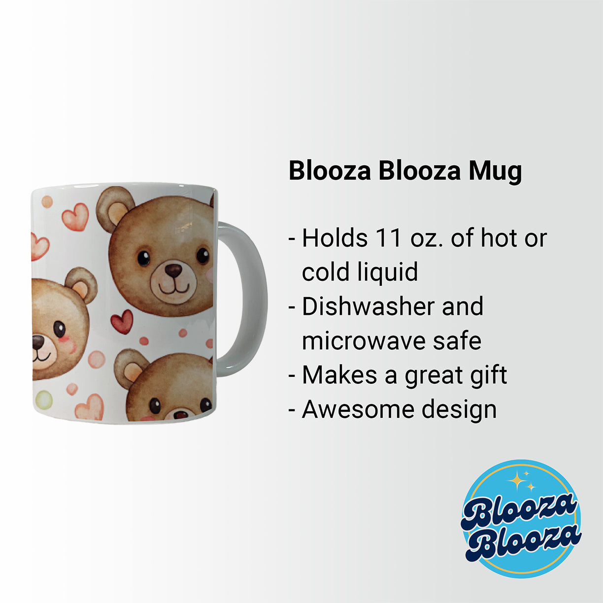 Cute Brown Bear Faces Hearts Ceramic Tea Coffee Mug Cup - 11oz