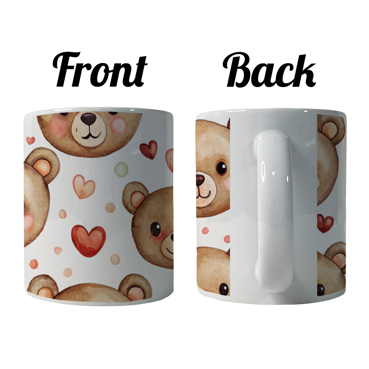Cute Brown Bear Faces Hearts Ceramic Tea Coffee Mug Cup - 11oz