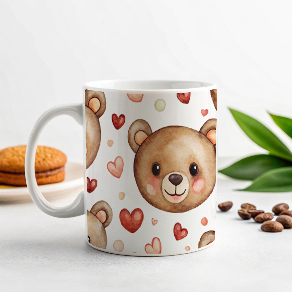 Cute Brown Bear Faces Hearts Ceramic Tea Coffee Mug Cup - 11oz