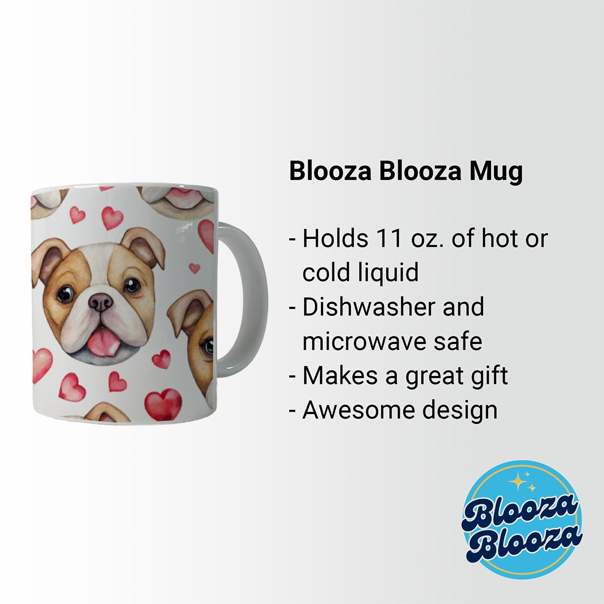 Cute Bulldog Dog Faces Hearts Ceramic Tea Coffee Mug Cup - 11oz
