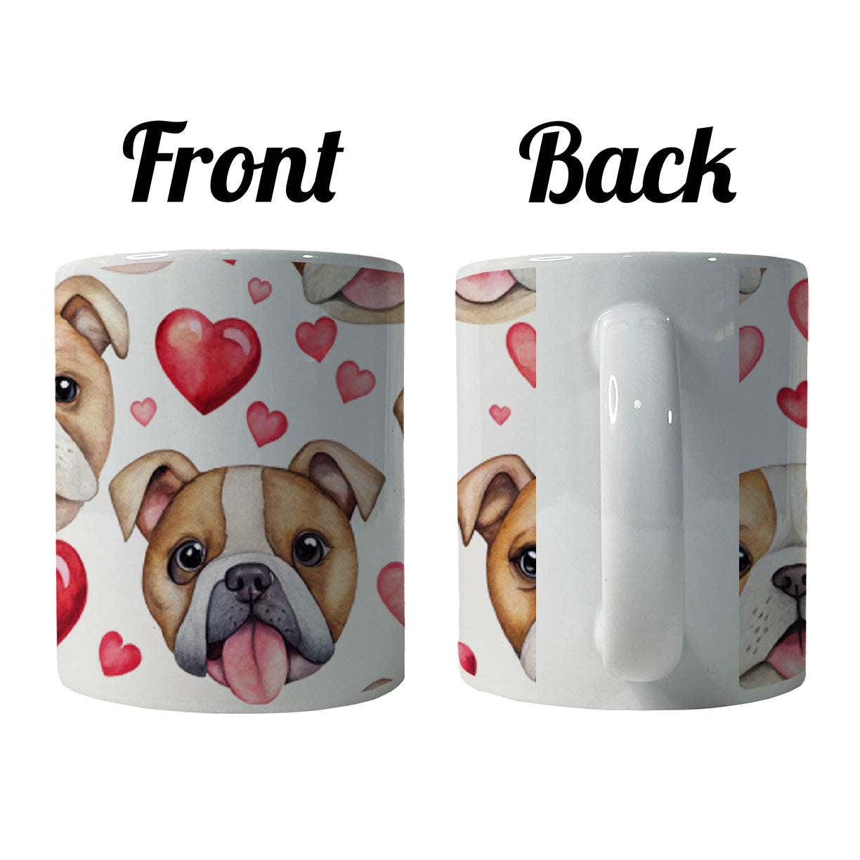 Cute Bulldog Dog Faces Hearts Ceramic Tea Coffee Mug Cup - 11oz
