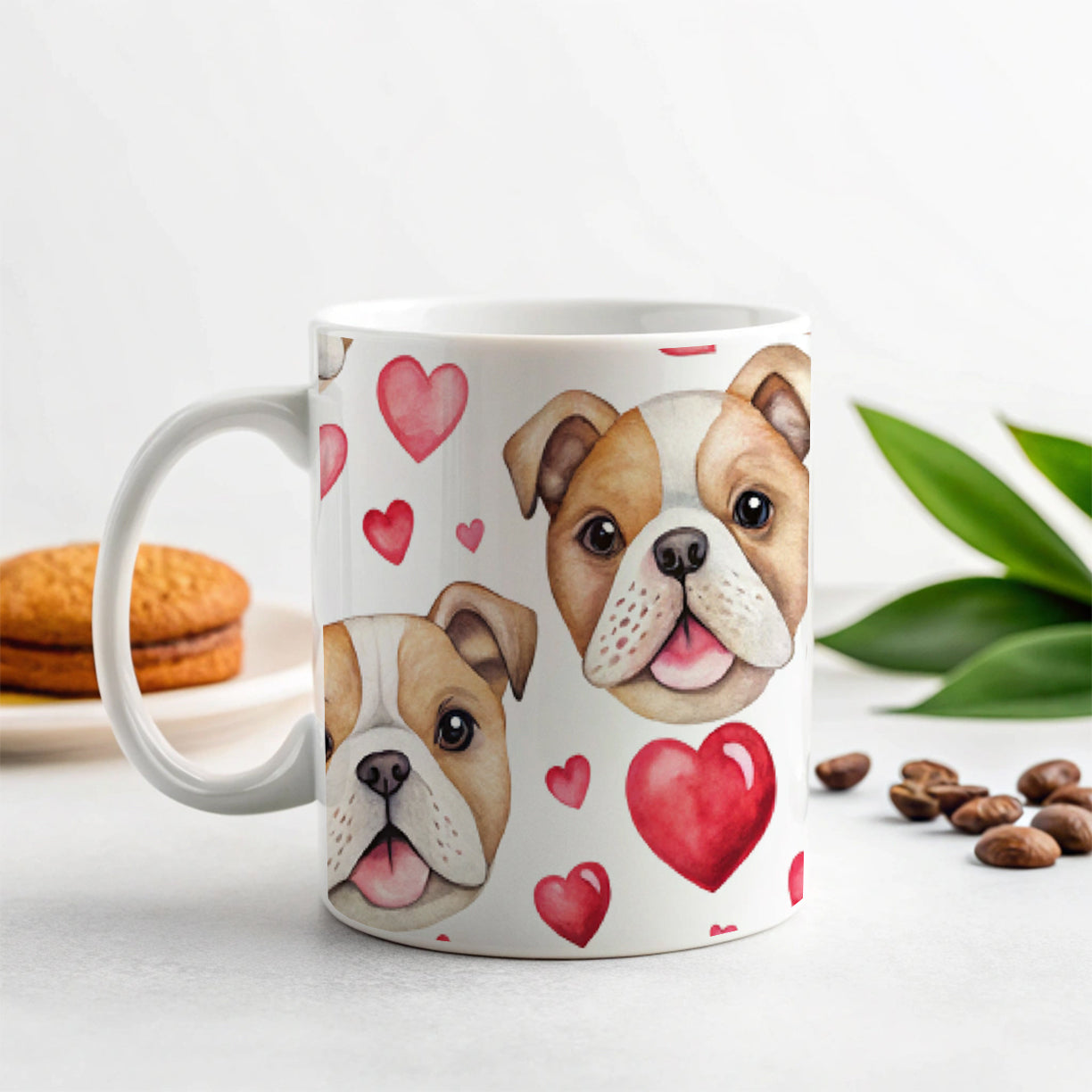 Cute Bulldog Dog Faces Hearts Ceramic Tea Coffee Mug Cup - 11oz