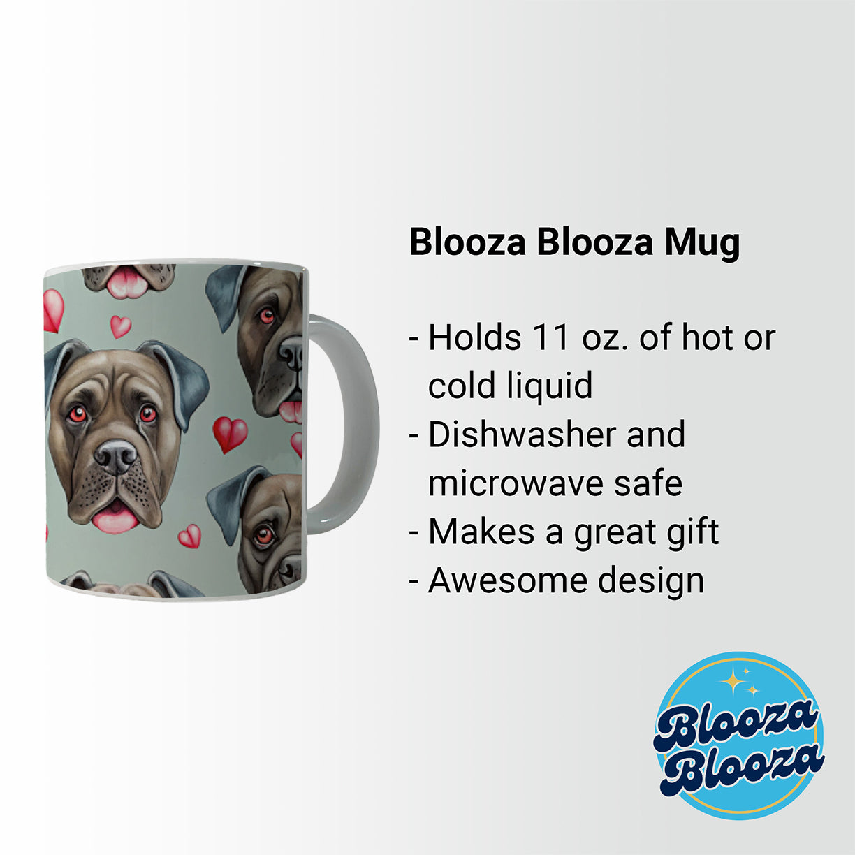 Cute Cane Corso Dog Faces Hearts Ceramic Tea Coffee Mug Cup - 11oz