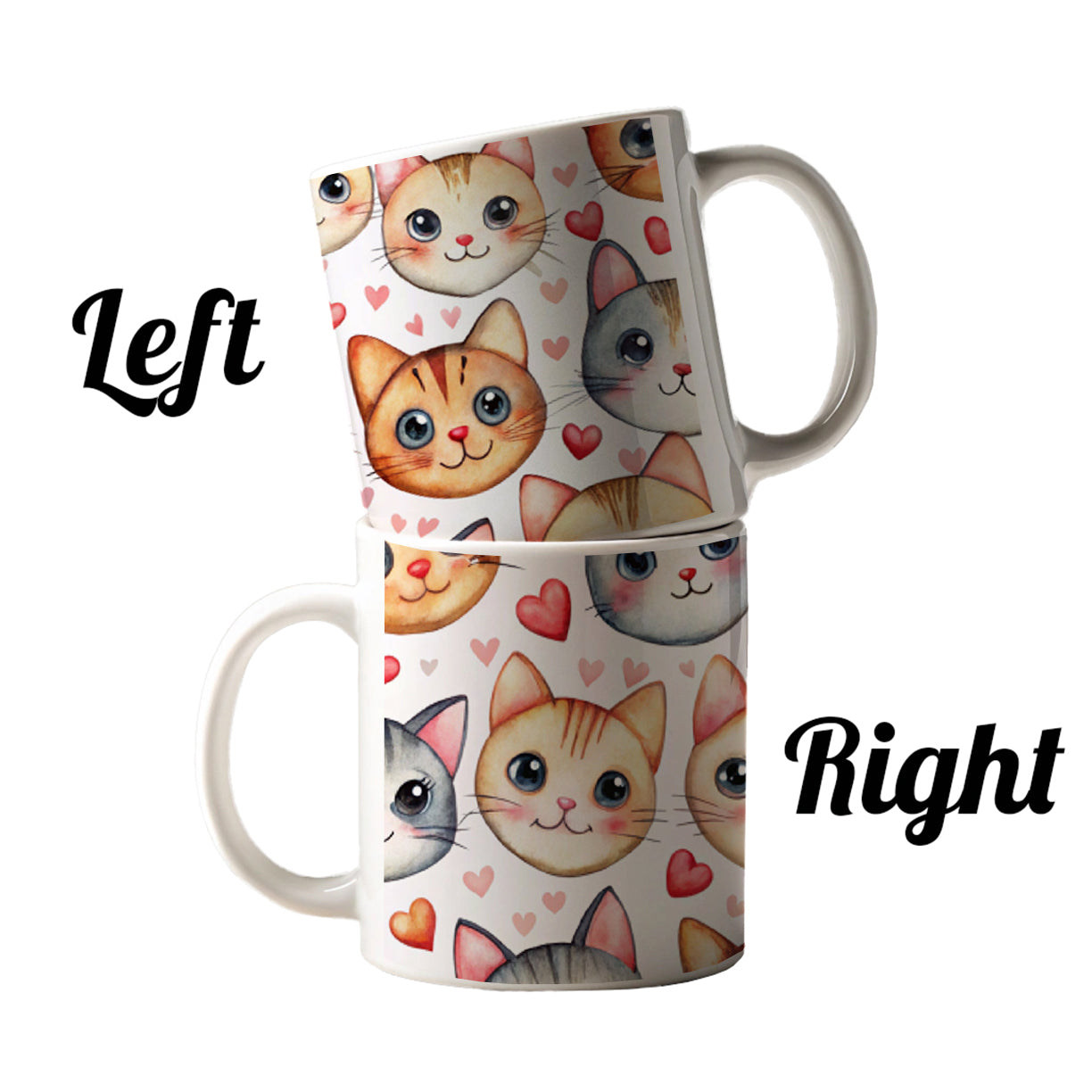 Cute Cat Faces Hearts Watercolor Ceramic Tea Coffee Mug Cup - 11oz