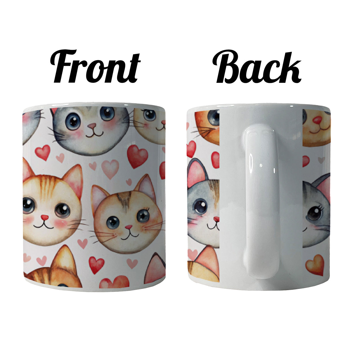 Cute Cat Faces Hearts Watercolor Ceramic Tea Coffee Mug Cup - 11oz