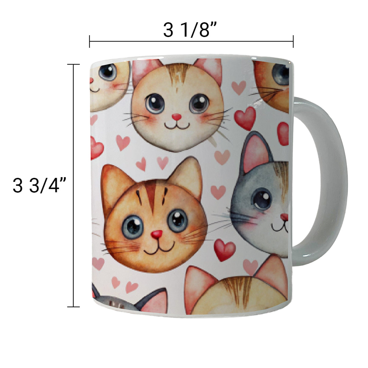 Cute Cat Faces Hearts Watercolor Ceramic Tea Coffee Mug Cup - 11oz