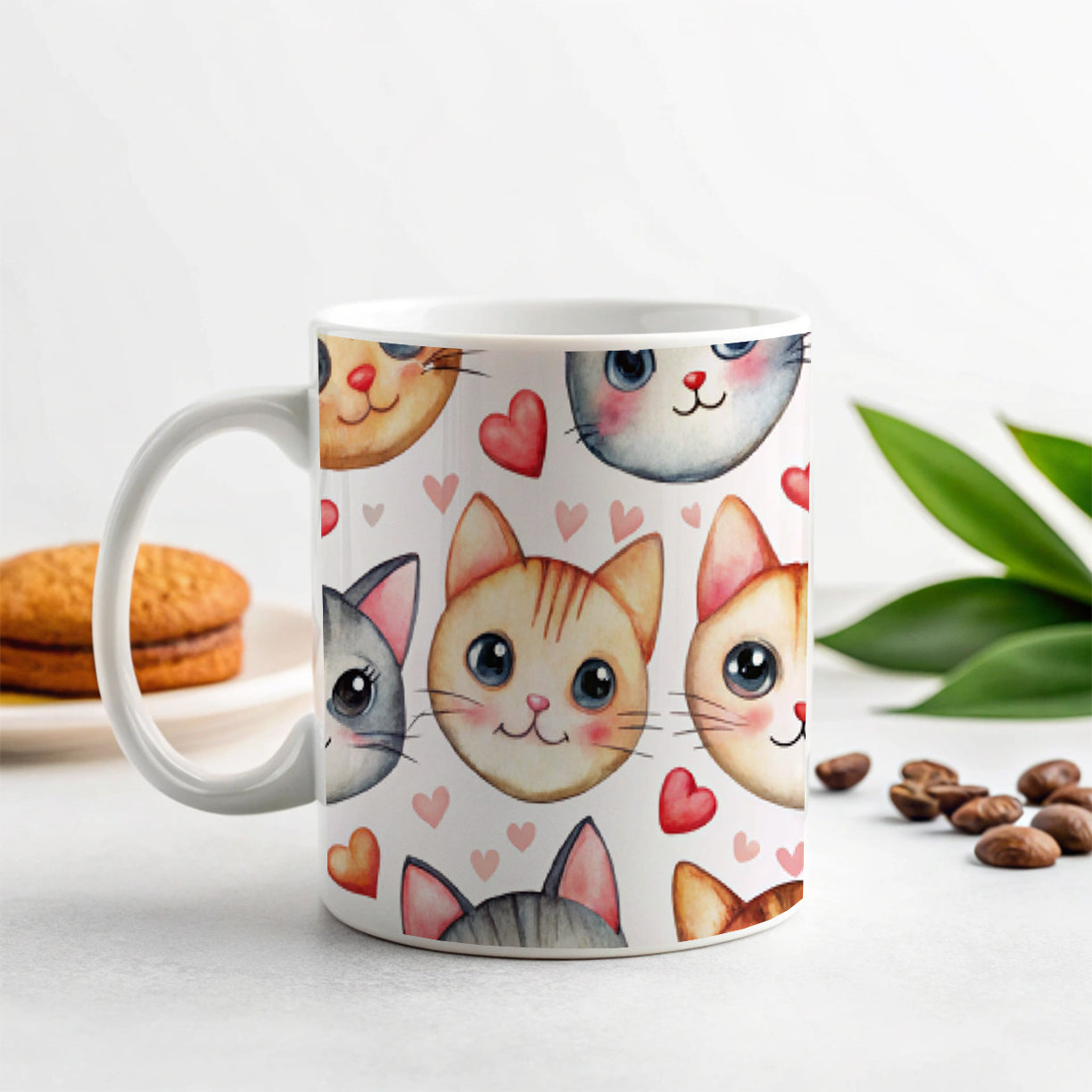 Cute Cat Faces Hearts Watercolor Ceramic Tea Coffee Mug Cup - 11oz