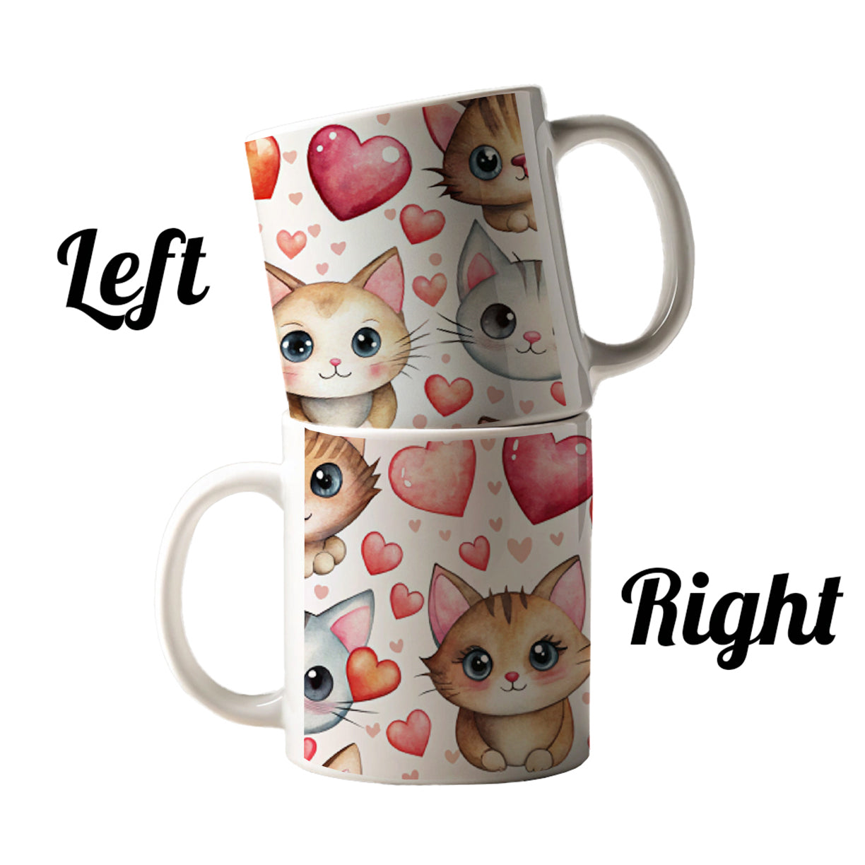 Cute Cats Hearts Watercolor Ceramic Tea Coffee Mug Cup - 11oz