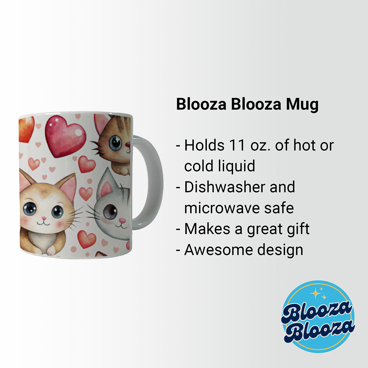 Cute Cats Hearts Watercolor Ceramic Tea Coffee Mug Cup - 11oz