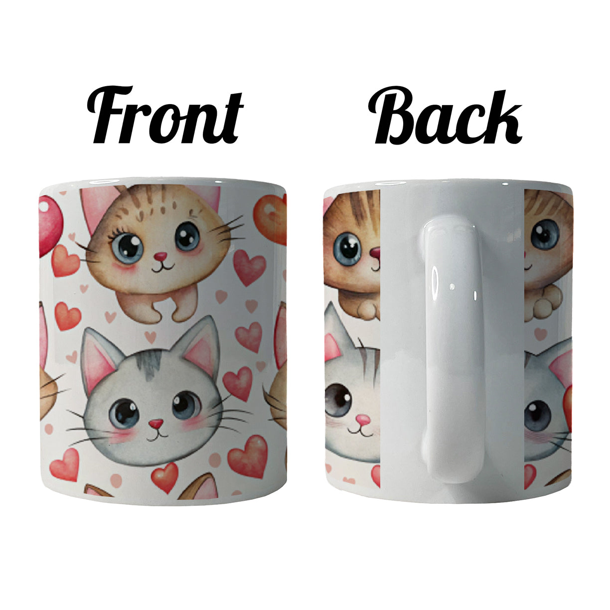 Cute Cats Hearts Watercolor Ceramic Tea Coffee Mug Cup - 11oz