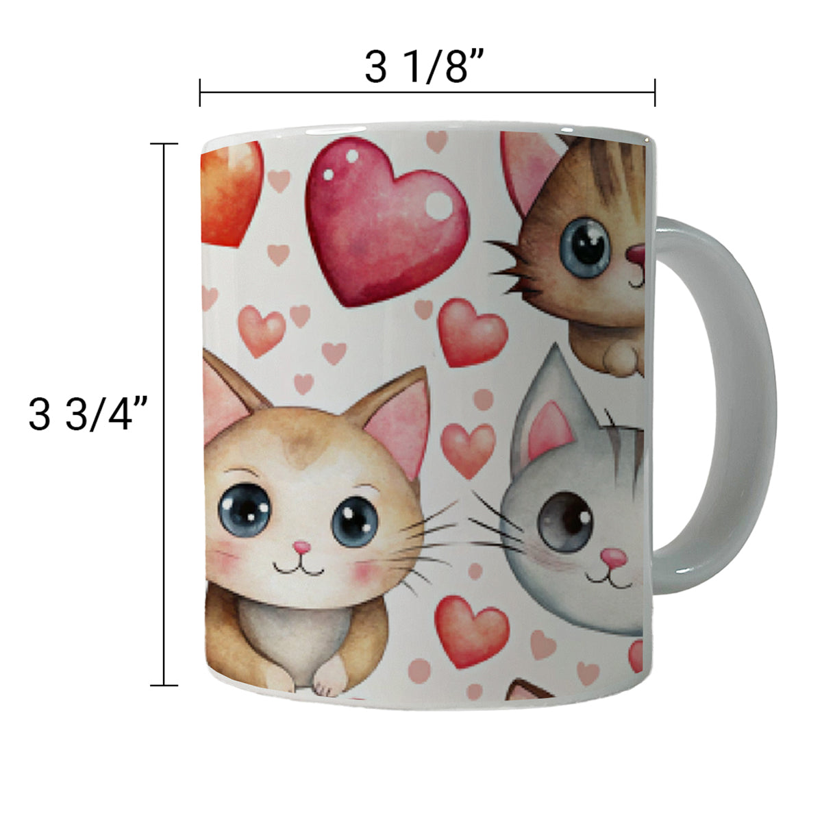 Cute Cats Hearts Watercolor Ceramic Tea Coffee Mug Cup - 11oz
