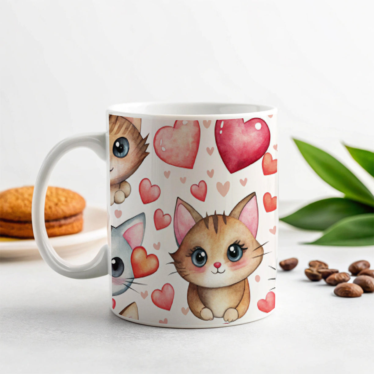 Cute Cats Hearts Watercolor Ceramic Tea Coffee Mug Cup - 11oz