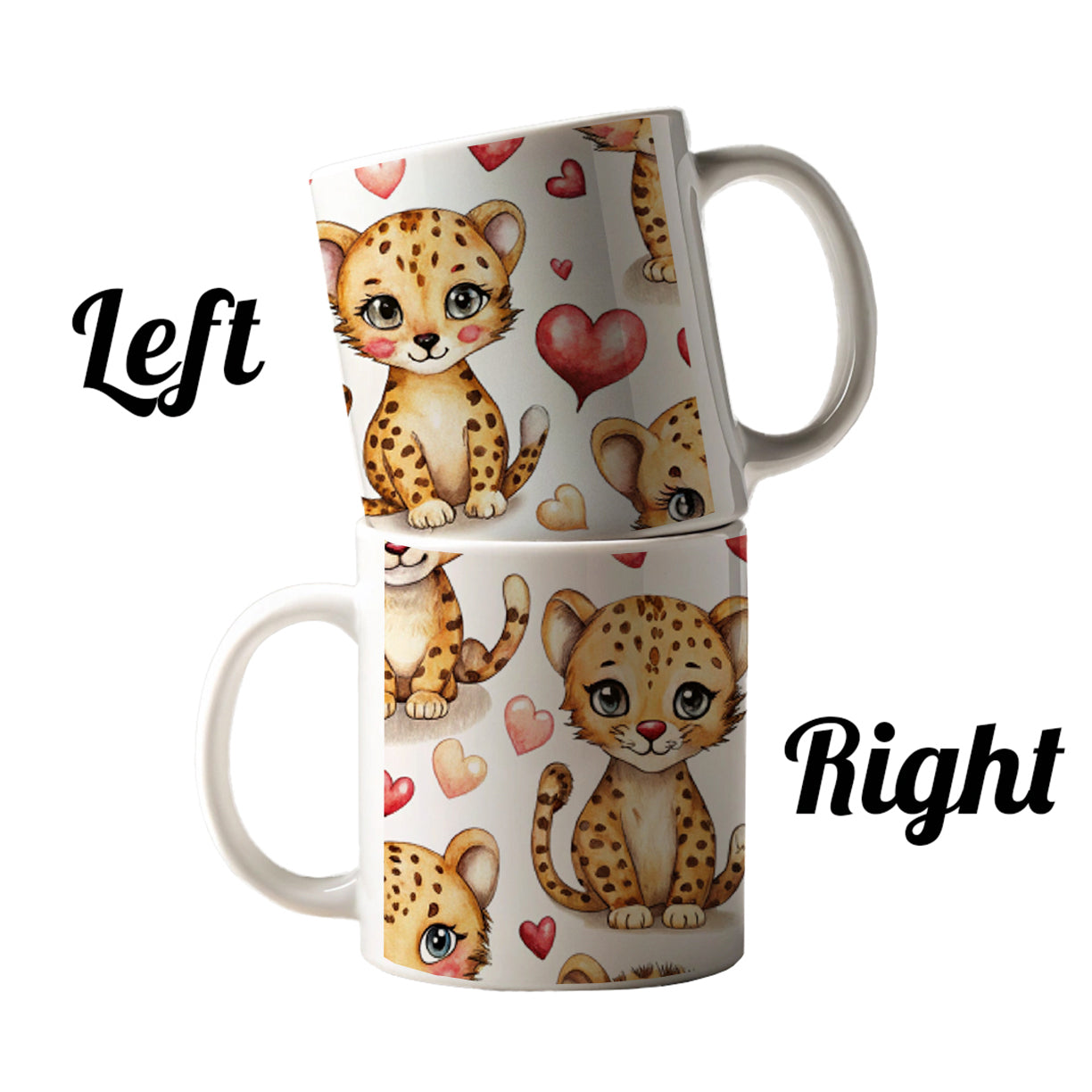 Cute Cheetahs Hearts Watercolor Ceramic Tea Coffee Mug Cup - 11oz