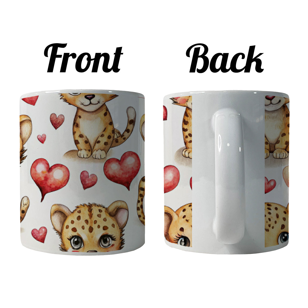 Cute Cheetahs Hearts Watercolor Ceramic Tea Coffee Mug Cup - 11oz