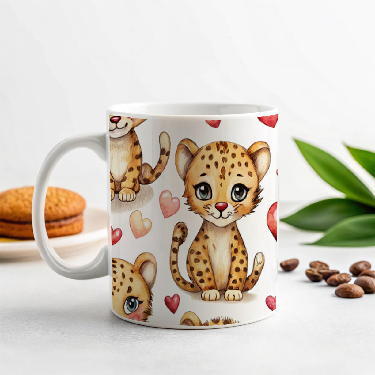 Cute Cheetahs Hearts Watercolor Ceramic Tea Coffee Mug Cup - 11oz