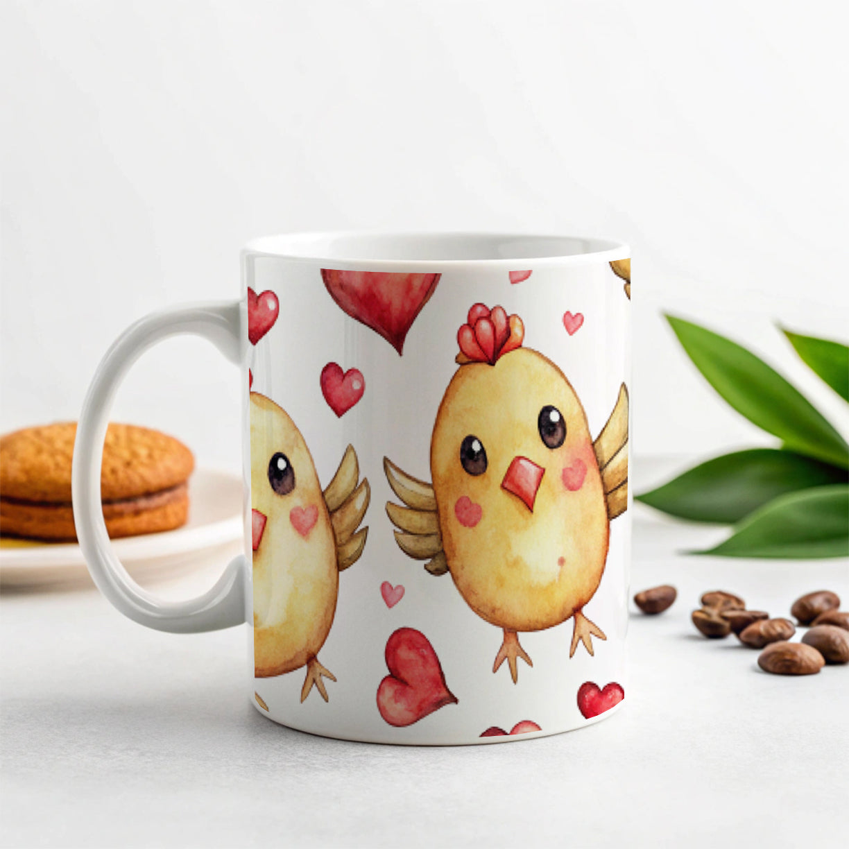 Cute Chickens Hearts Watercolor Ceramic Tea Coffee Mug Cup - 11oz