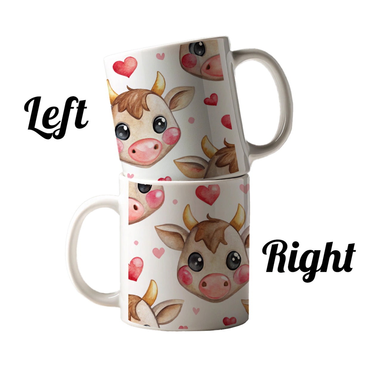 Cute Cow Faces Hearts Watercolor Ceramic Tea Coffee Mug Cup - 11oz
