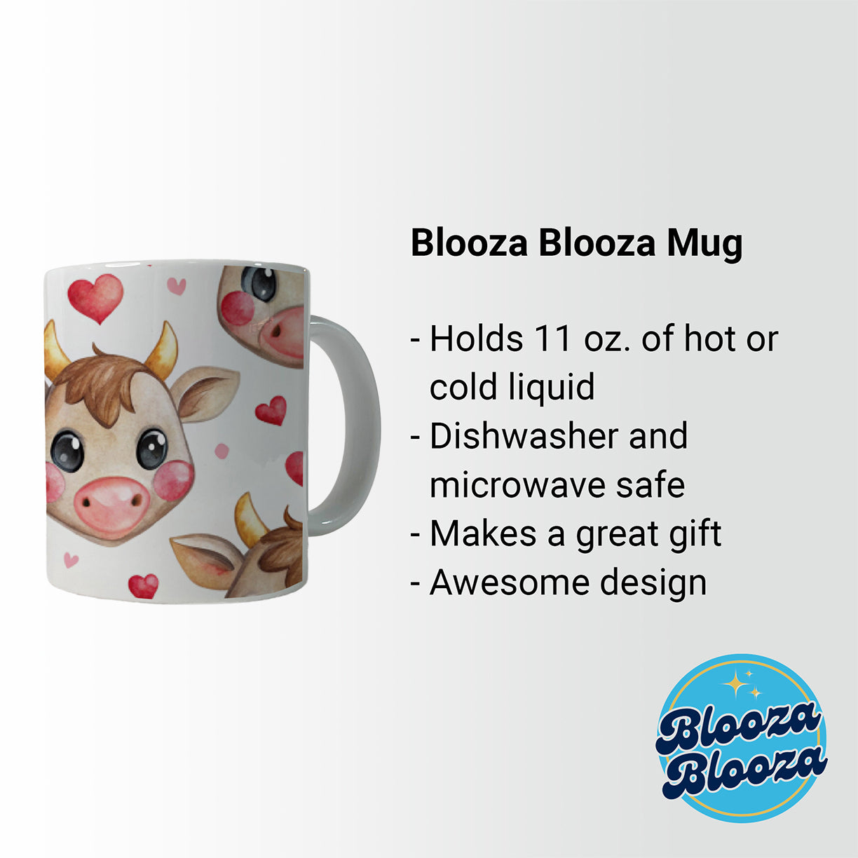 Cute Cow Faces Hearts Watercolor Ceramic Tea Coffee Mug Cup - 11oz