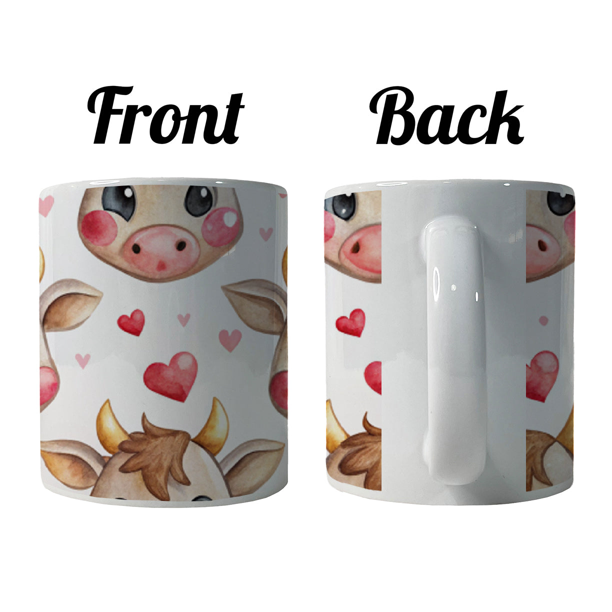 Cute Cow Faces Hearts Watercolor Ceramic Tea Coffee Mug Cup - 11oz