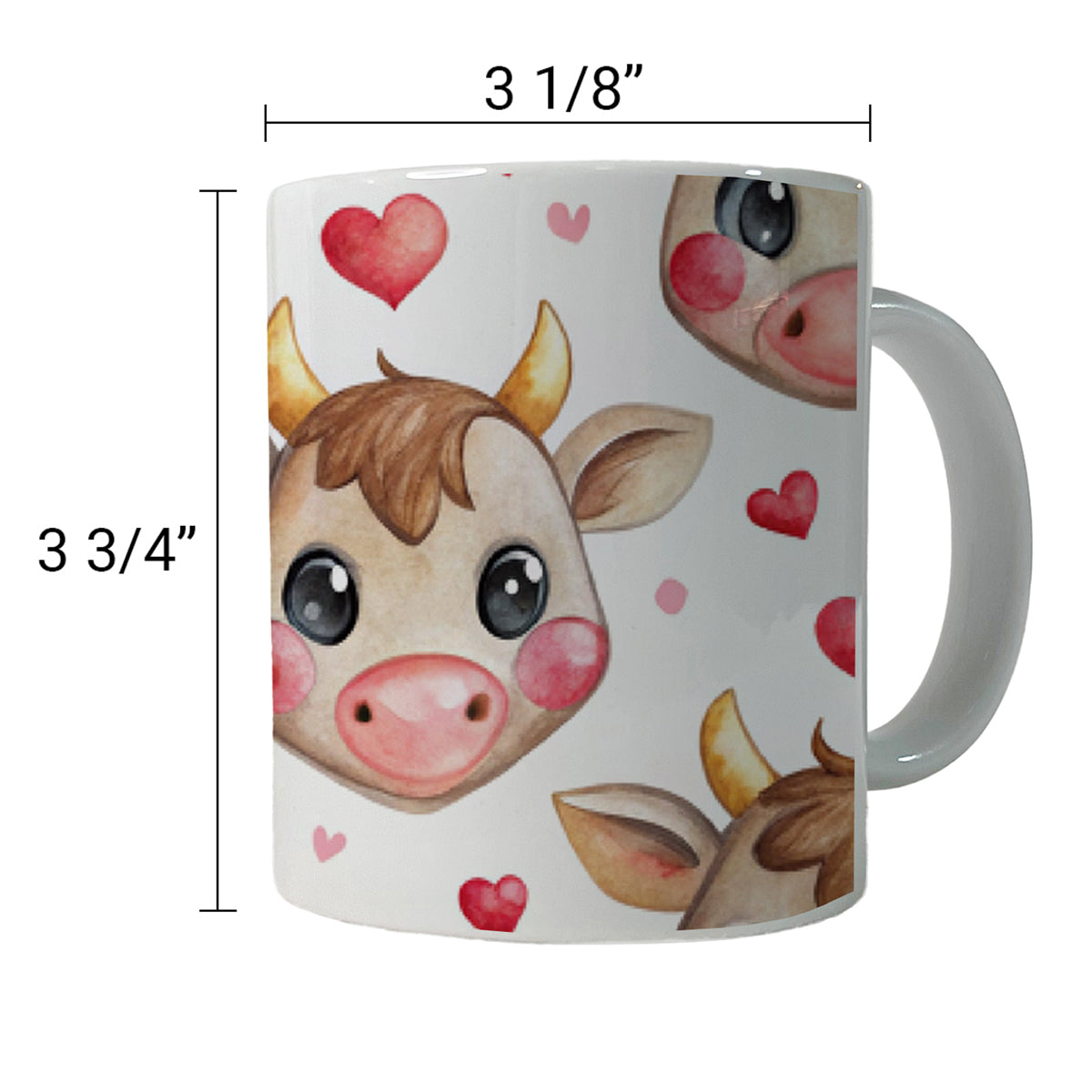 Cute Cow Faces Hearts Watercolor Ceramic Tea Coffee Mug Cup - 11oz