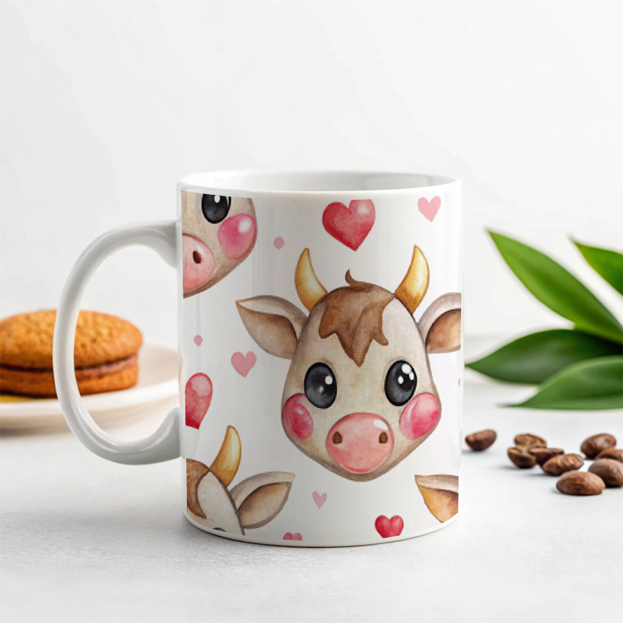 Cute Cow Faces Hearts Watercolor Ceramic Tea Coffee Mug Cup - 11oz