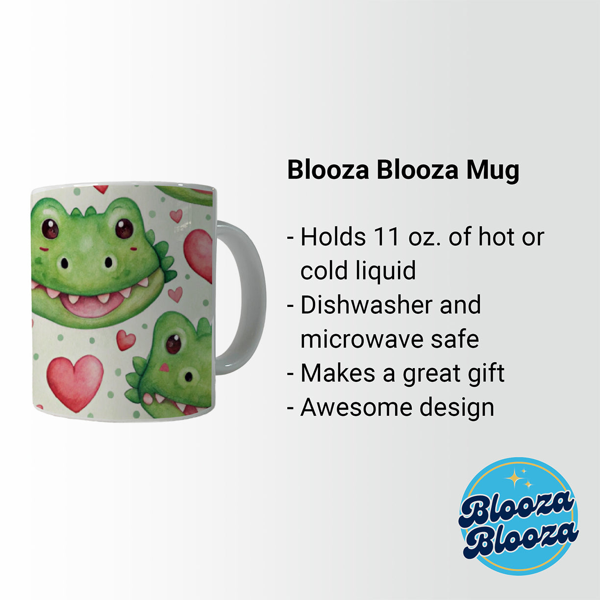 Cute Crocodile Alligator Faces Hearts Ceramic Tea Coffee Mug Cup - 11oz