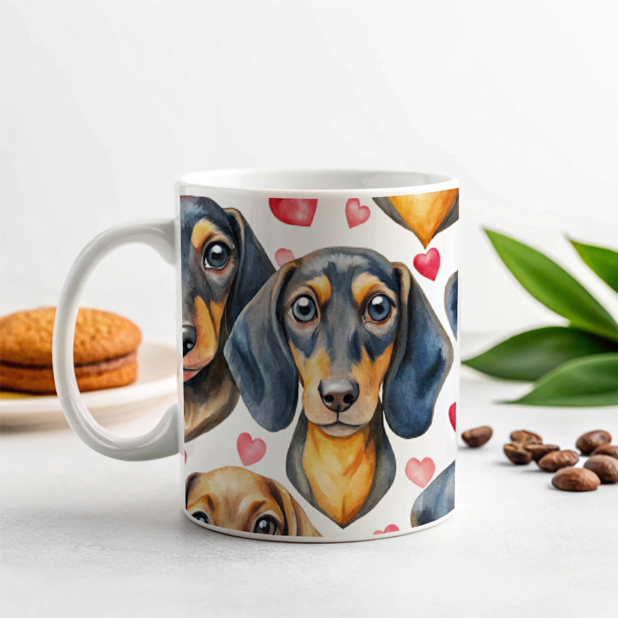 Cute Dachshund Dog Faces Hearts Ceramic Tea Coffee Mug Cup - 11oz