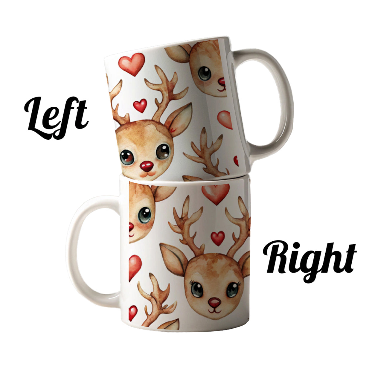 Cute Deer Faces Hearts Watercolor Ceramic Tea Coffee Mug Cup - 11oz
