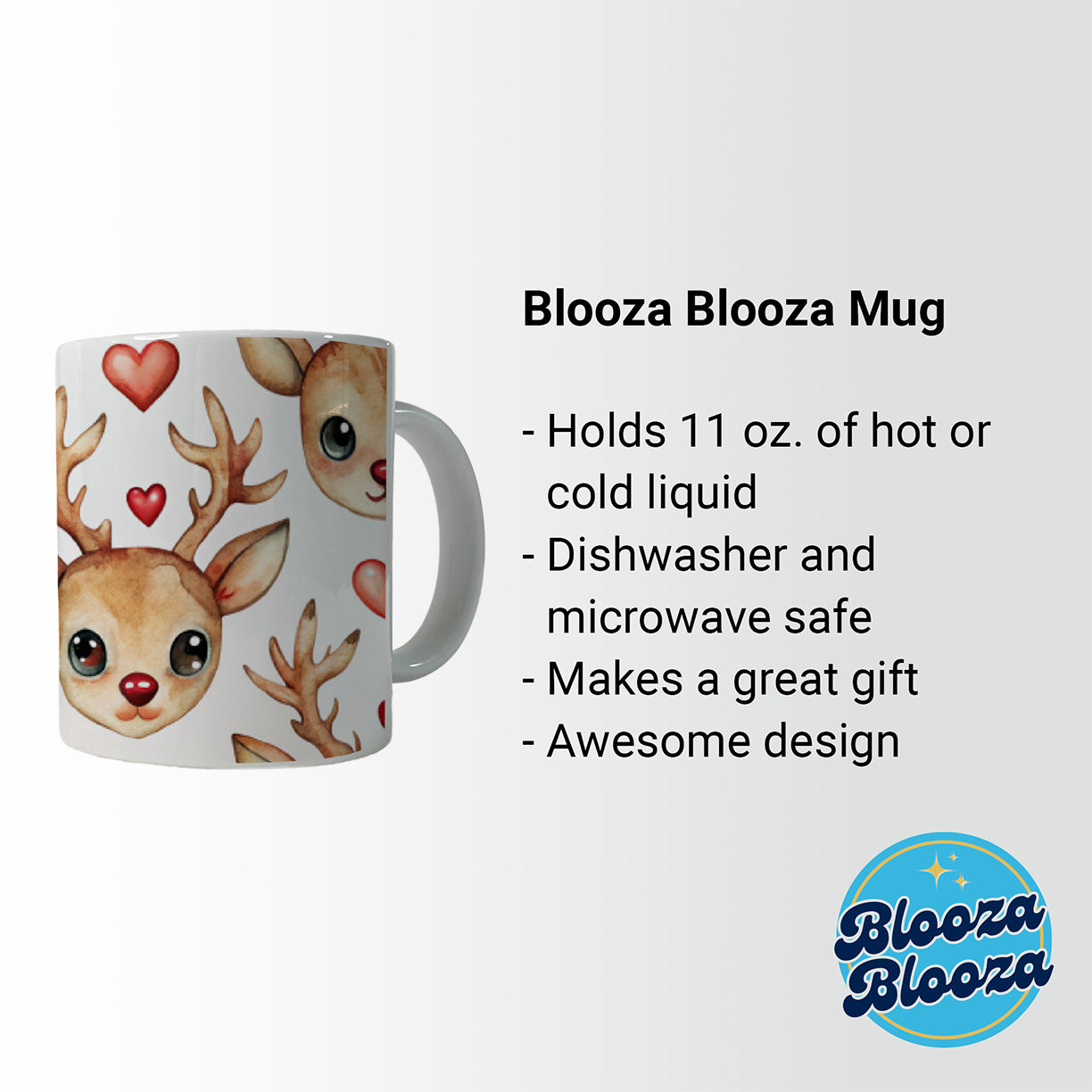 Cute Deer Faces Hearts Watercolor Ceramic Tea Coffee Mug Cup - 11oz