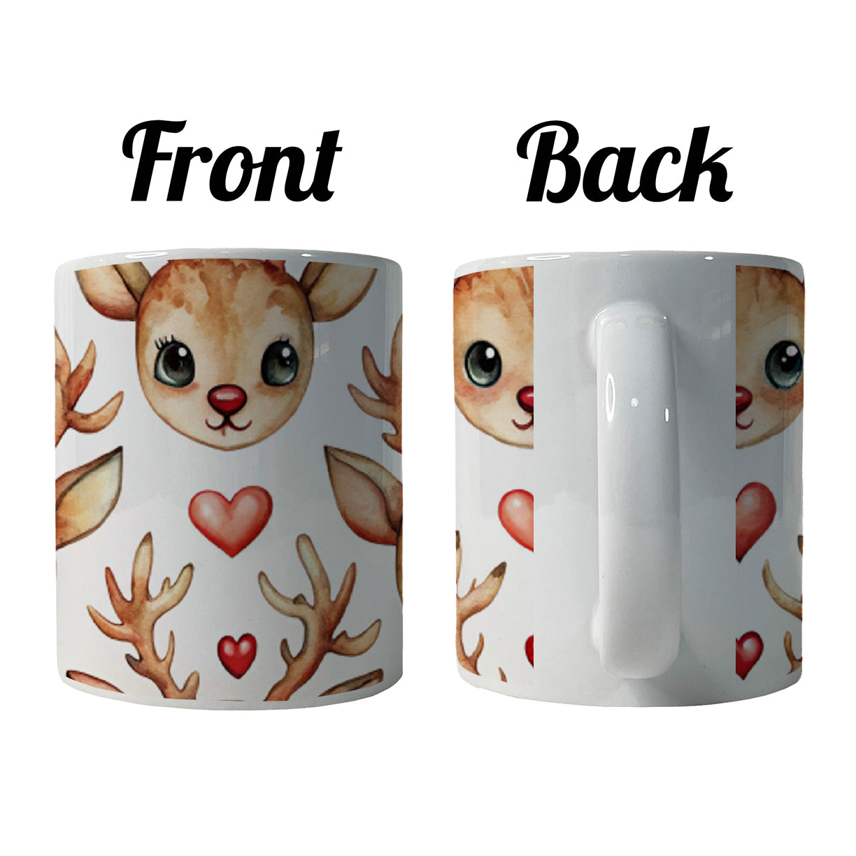 Cute Deer Faces Hearts Watercolor Ceramic Tea Coffee Mug Cup - 11oz
