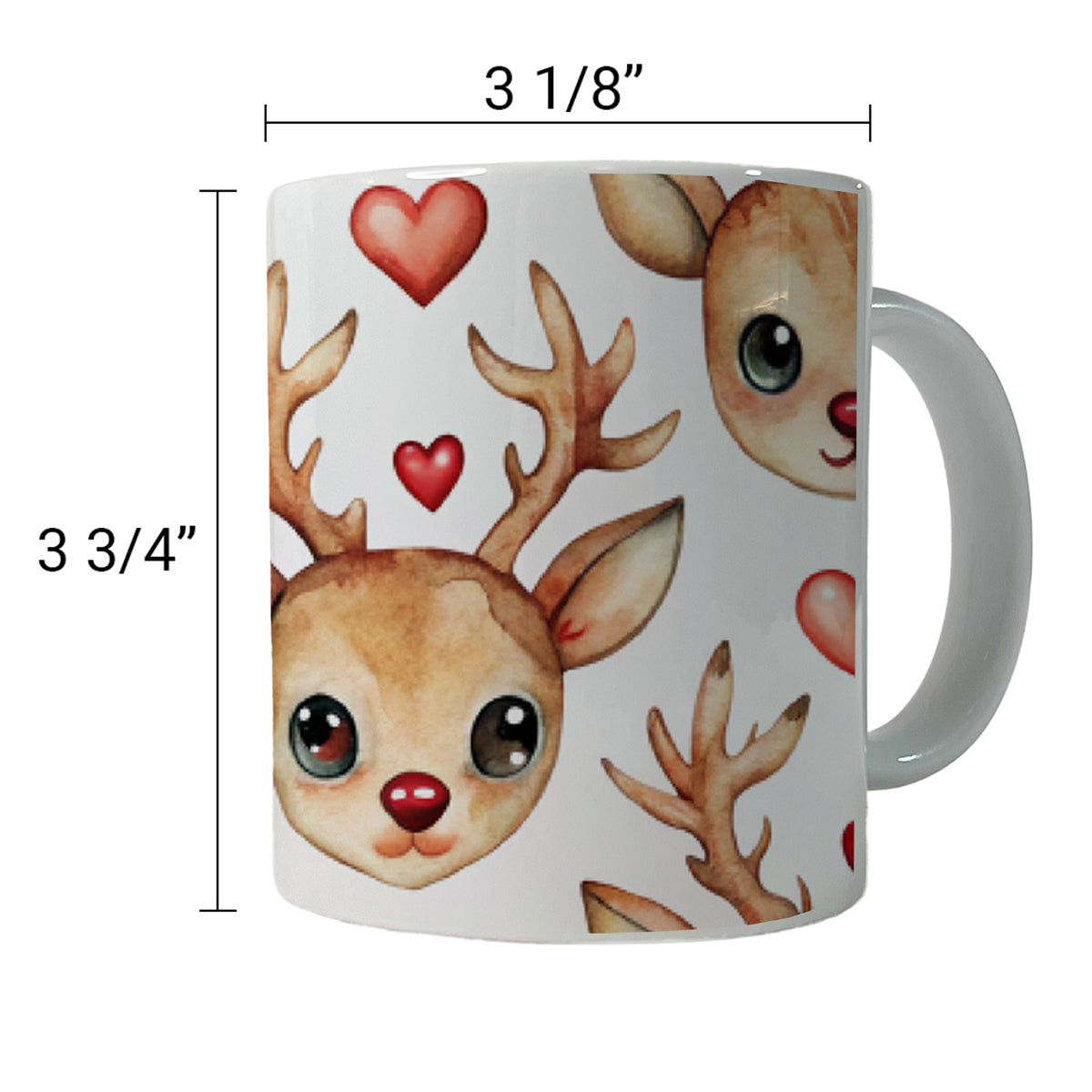 Cute Deer Faces Hearts Watercolor Ceramic Tea Coffee Mug Cup - 11oz