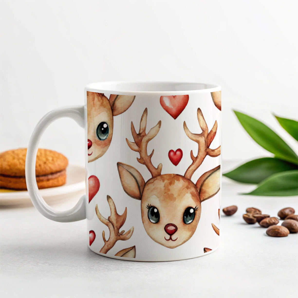 Cute Deer Faces Hearts Watercolor Ceramic Tea Coffee Mug Cup - 11oz