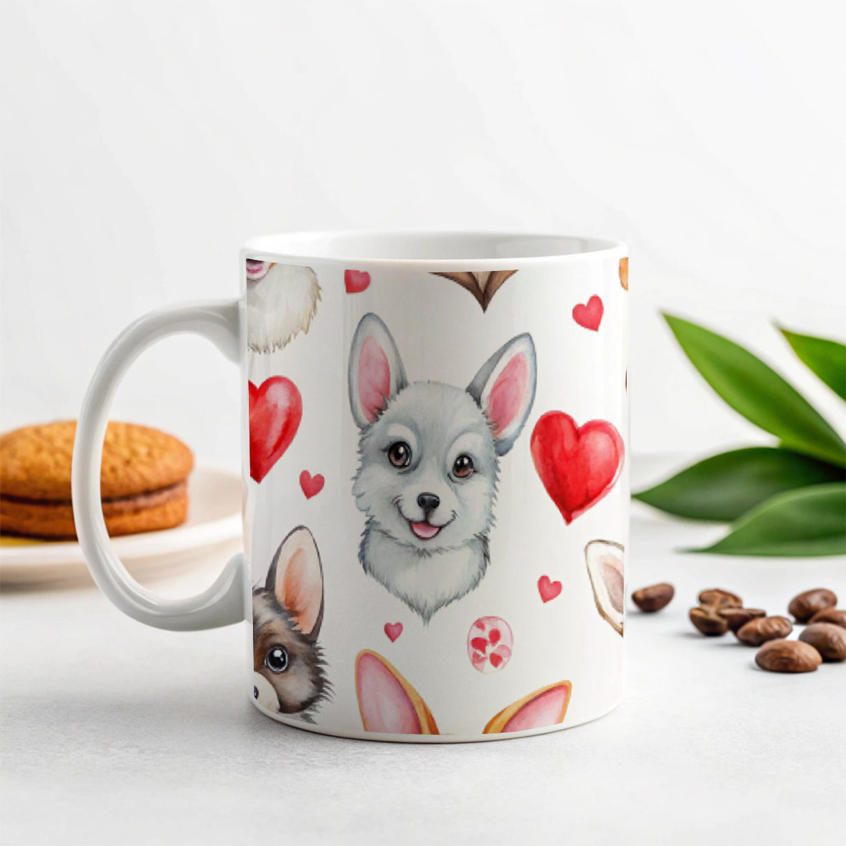 Cute Dogs Hearts Watercolor Ceramic Tea Coffee Mug Cup - 11oz