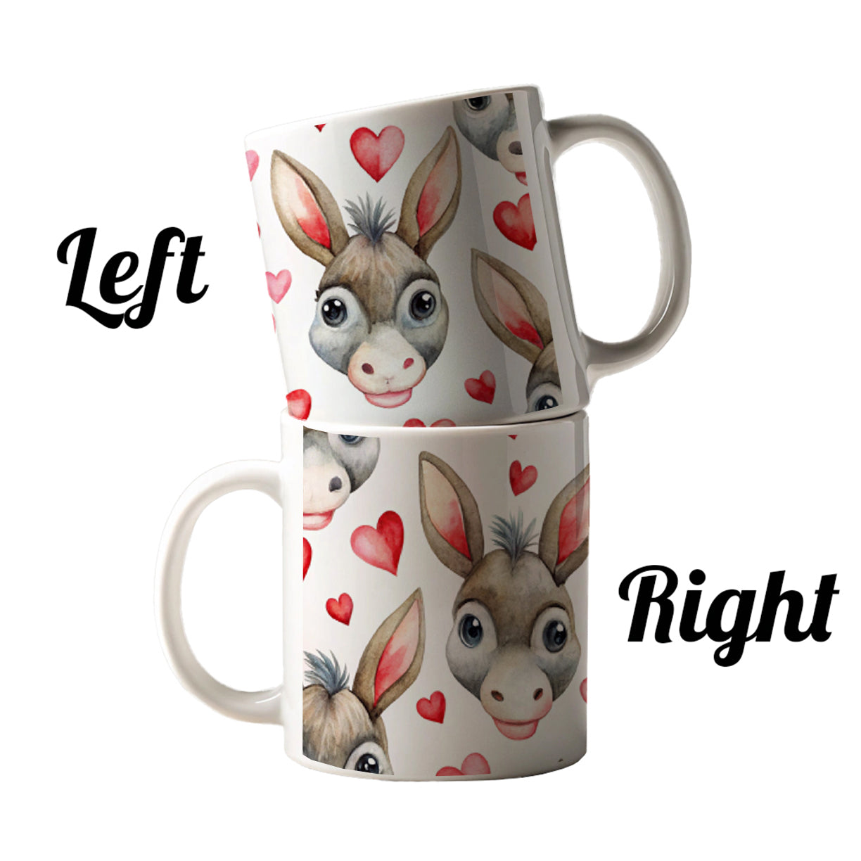 Cute Donkey Faces Hearts Watercolor Ceramic Tea Coffee Mug Cup - 11oz