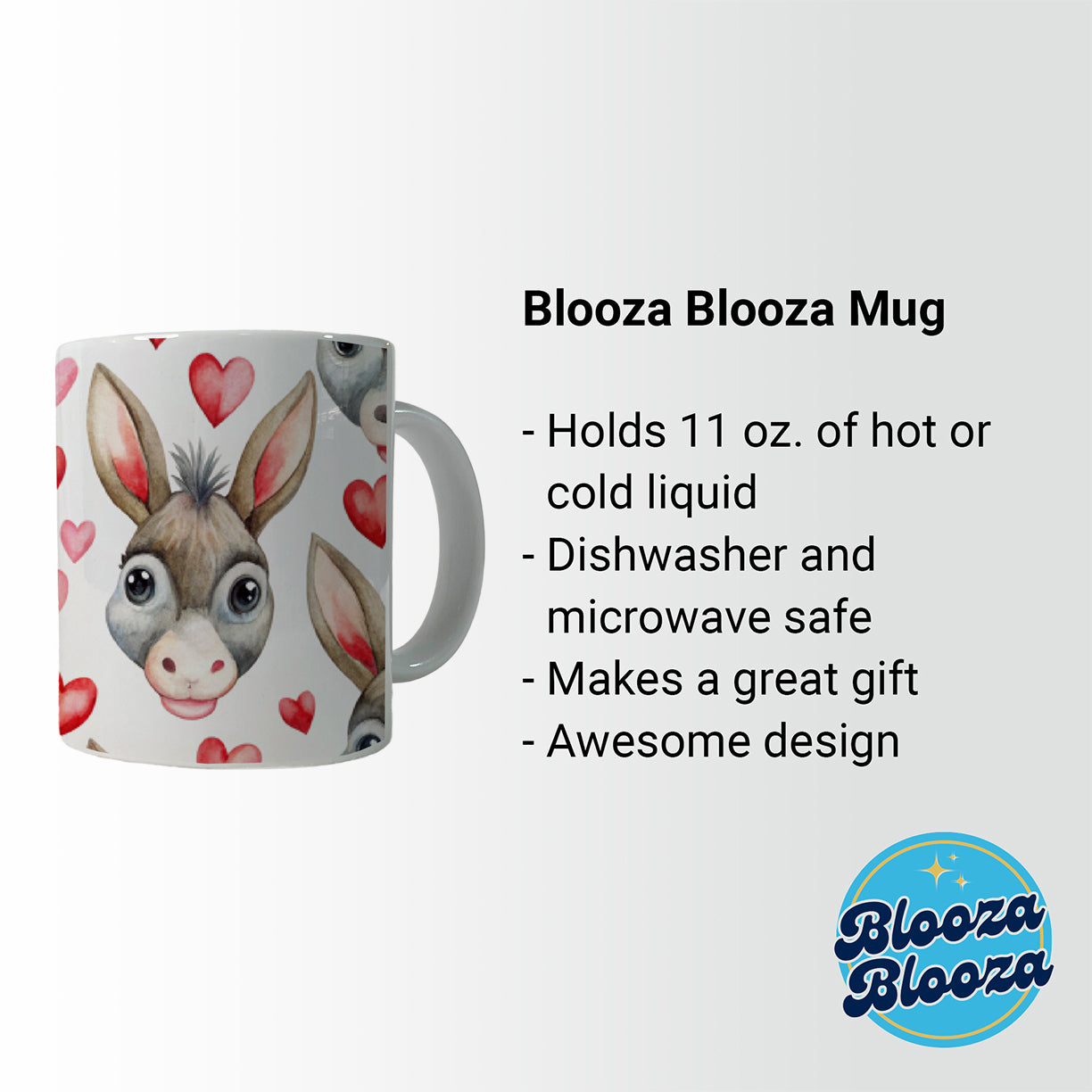 Cute Donkey Faces Hearts Watercolor Ceramic Tea Coffee Mug Cup - 11oz