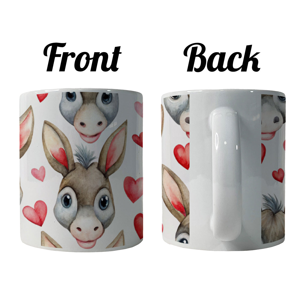 Cute Donkey Faces Hearts Watercolor Ceramic Tea Coffee Mug Cup - 11oz