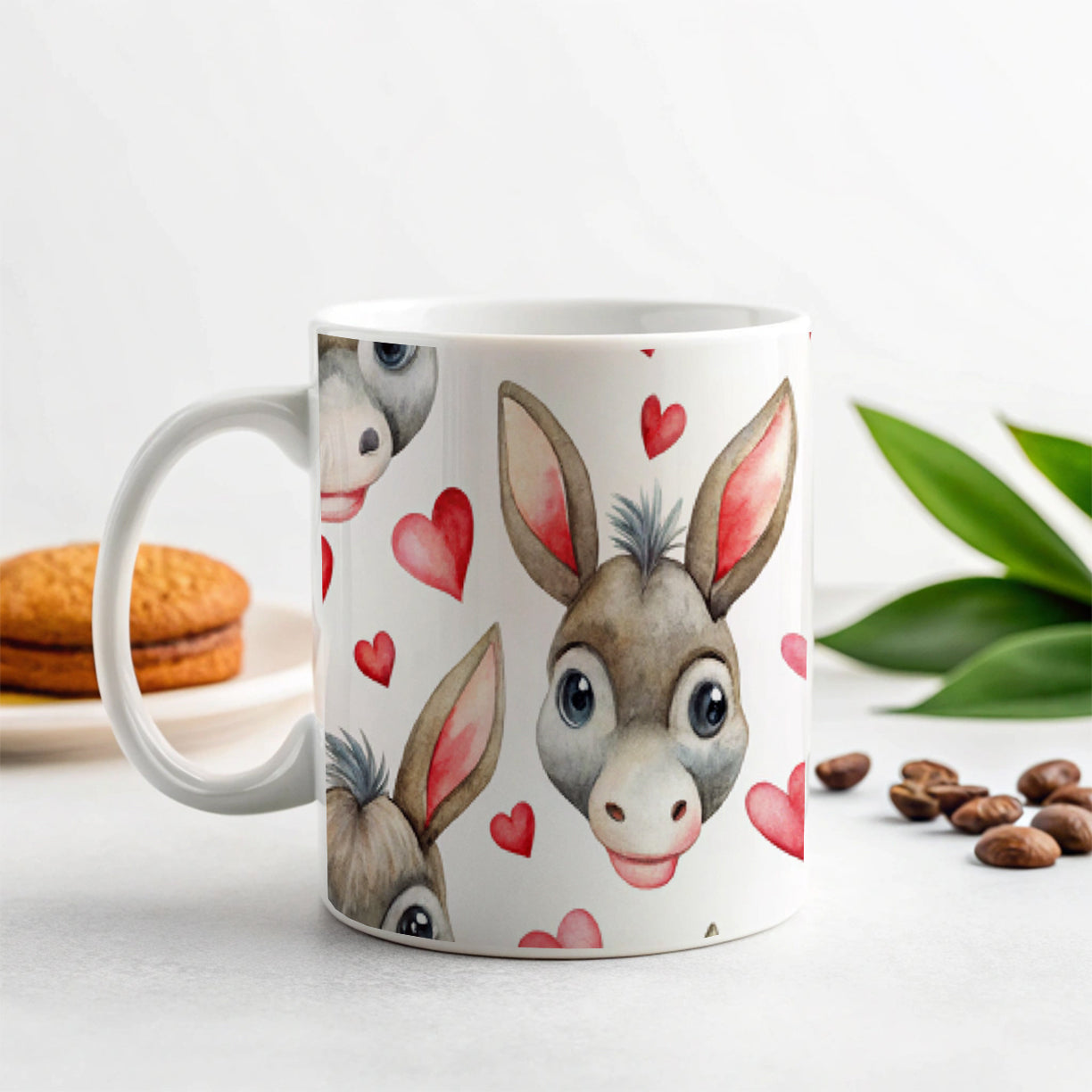 Cute Donkey Faces Hearts Watercolor Ceramic Tea Coffee Mug Cup - 11oz