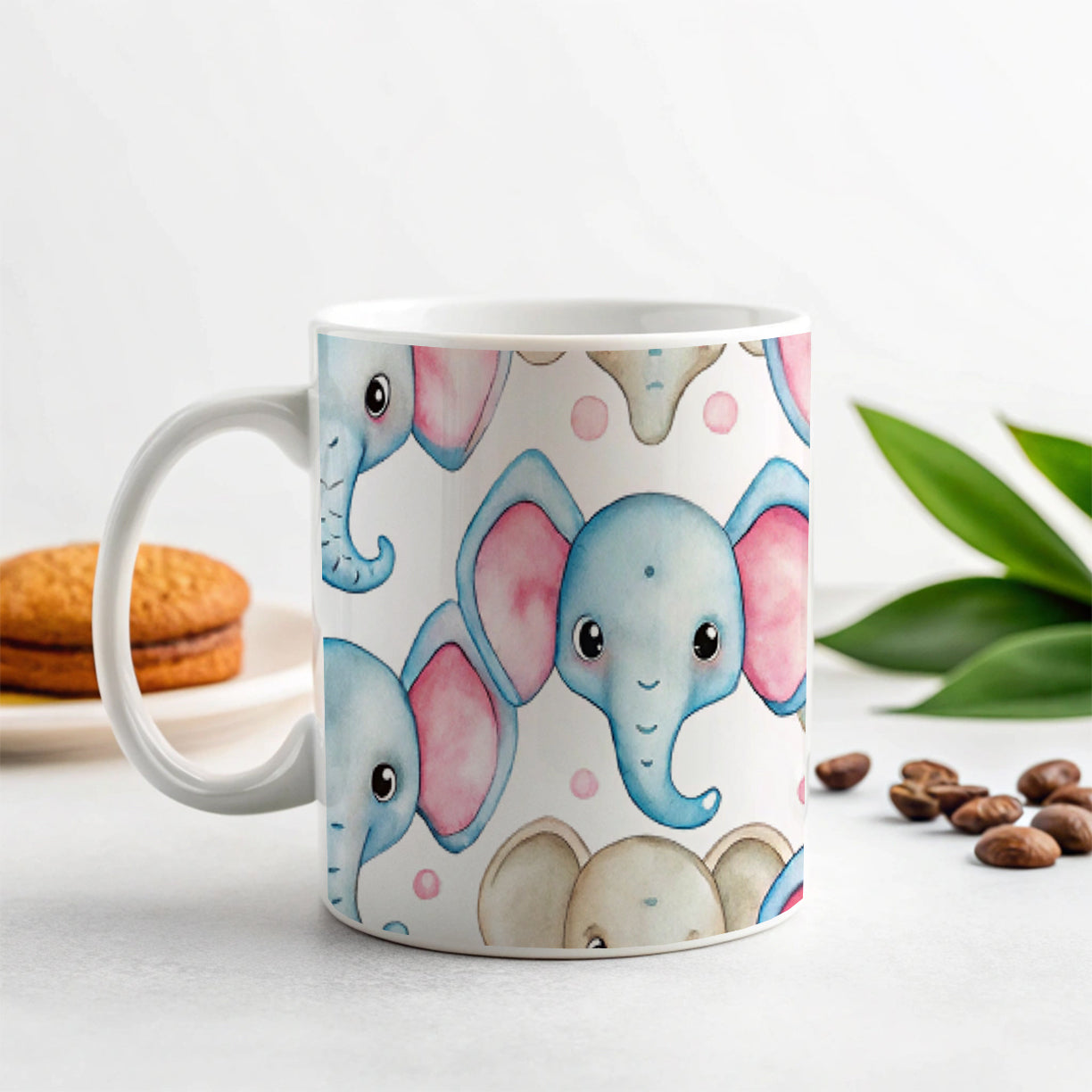 Cute Elephant Faces Watercolor Ceramic Tea Coffee Mug Cup - 11oz