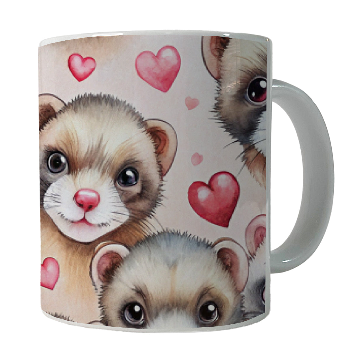Cute Ferret Faces Hearts Watercolor Ceramic Tea Coffee Mug Cup - 11oz