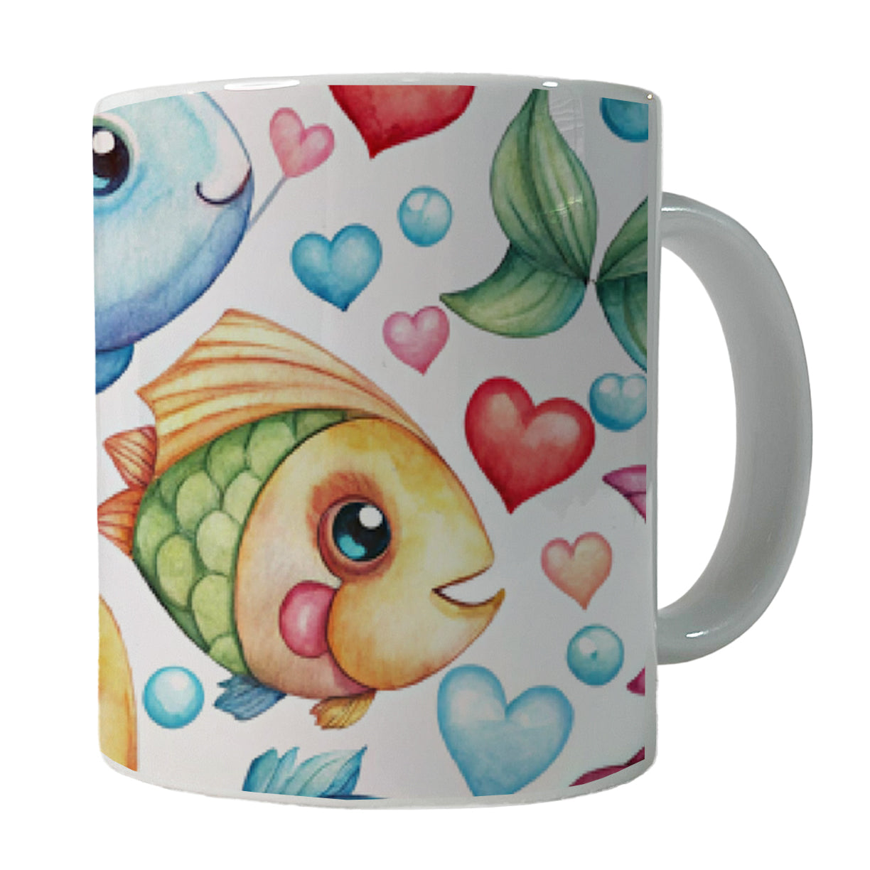 Cute Fish Faces Hearts Watercolor Ceramic Tea Coffee Mug Cup - 11oz