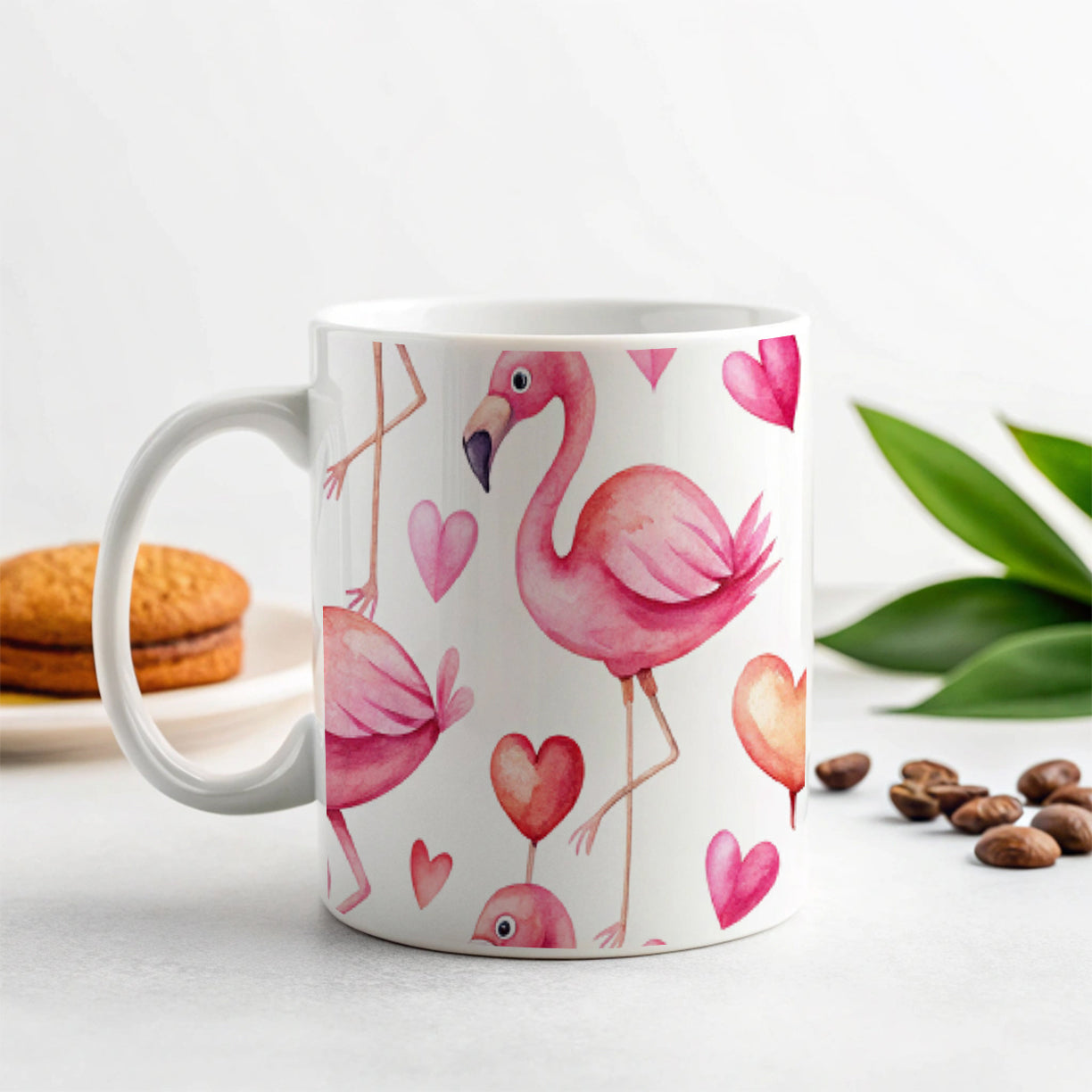 Cute Flamingos Hearts Watercolor Ceramic Tea Coffee Mug Cup - 11oz