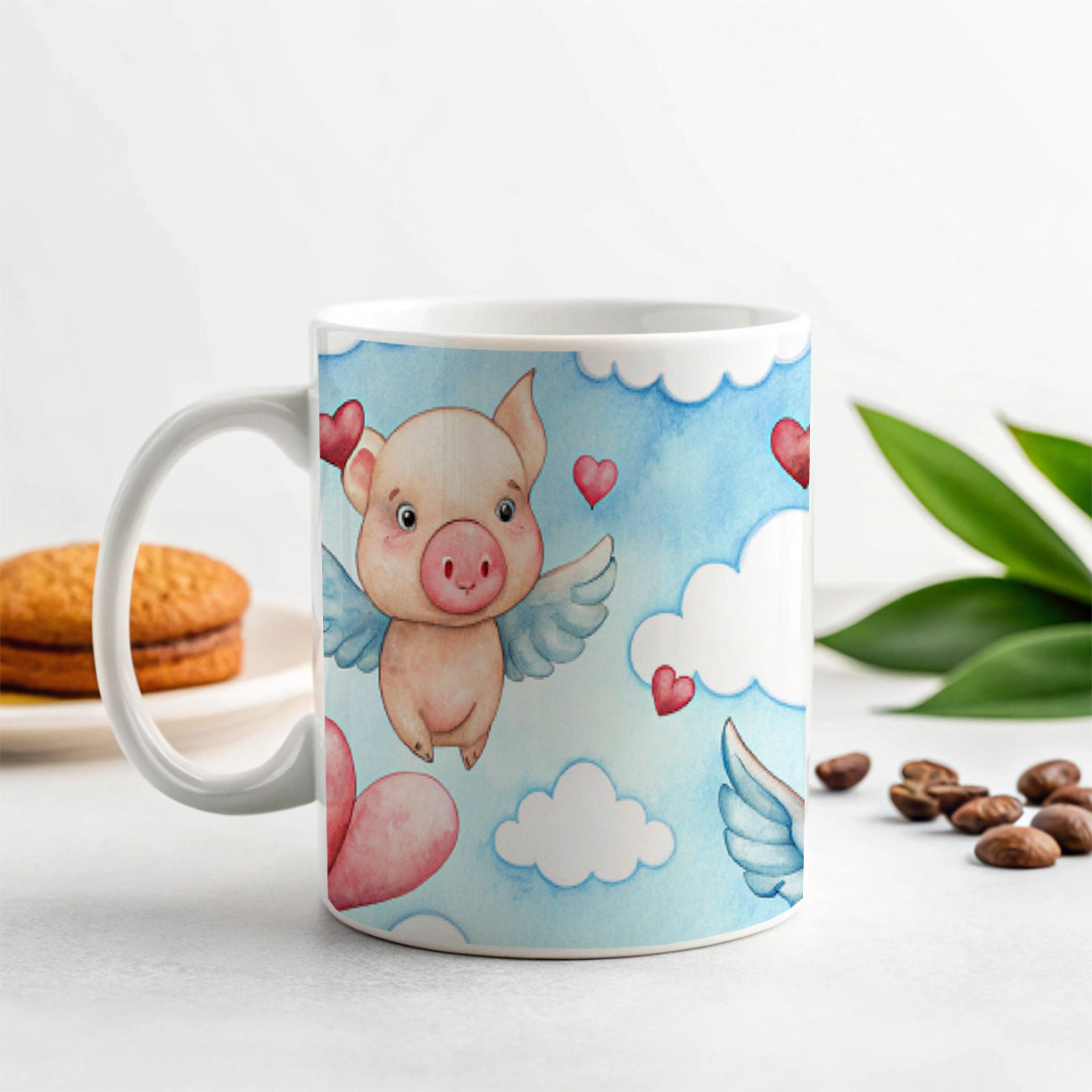 Cute Flying Pigs Hearts Watercolor Ceramic Tea Coffee Mug Cup - 11oz