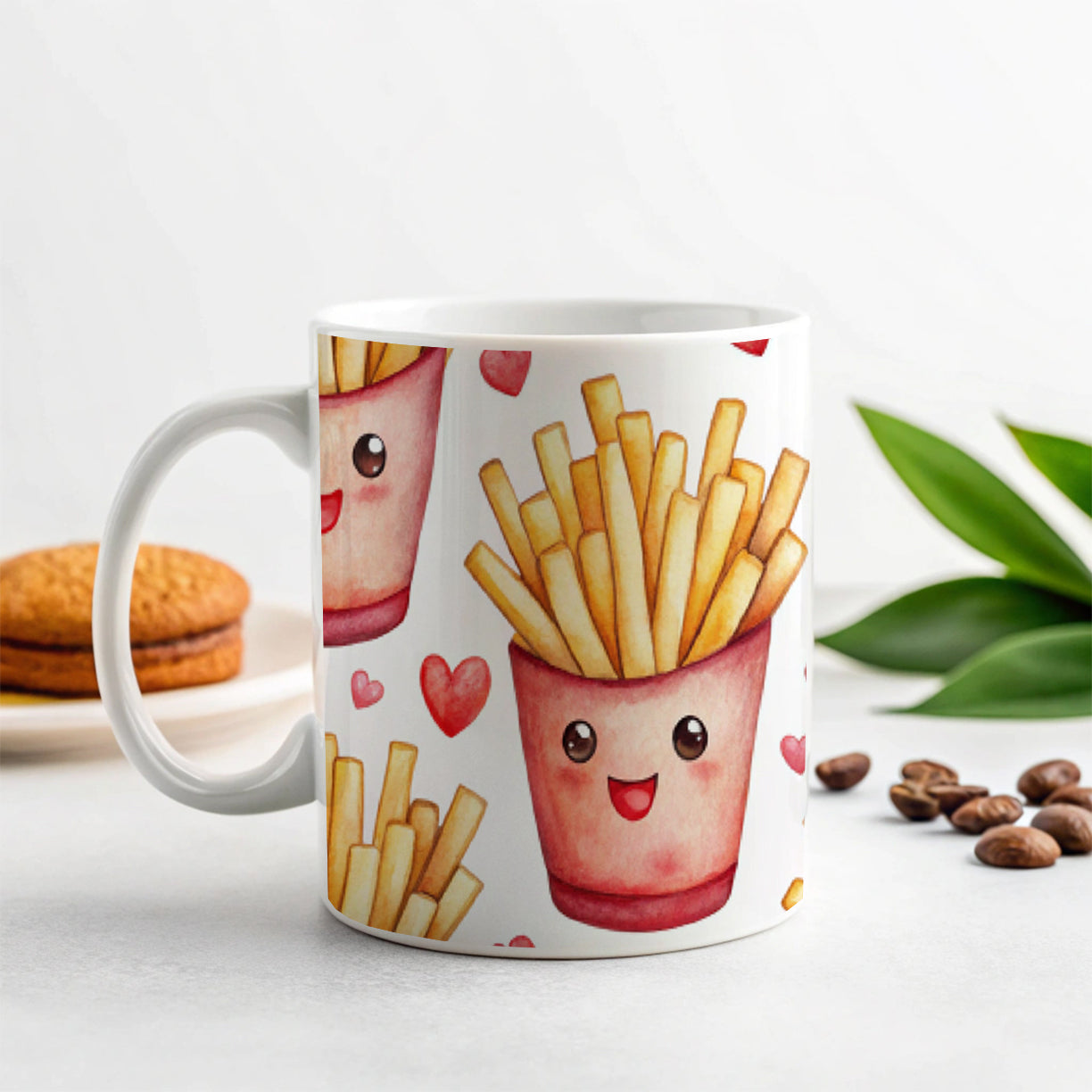Cute French Fries Hearts Watercolor Ceramic Tea Coffee Mug Cup - 11oz