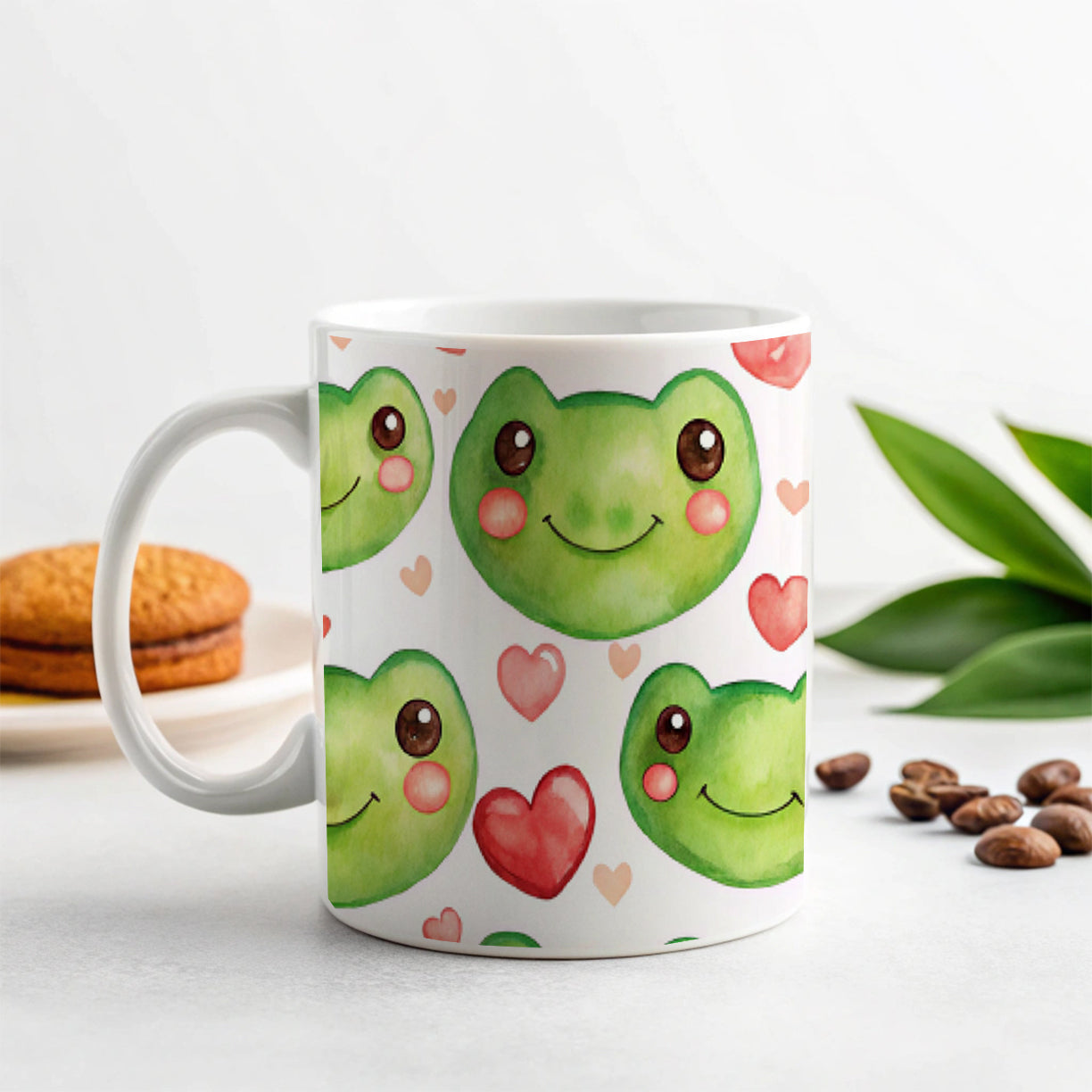 Cute Frog Faces Hearts Watercolor Ceramic Tea Coffee Mug Cup - 11oz