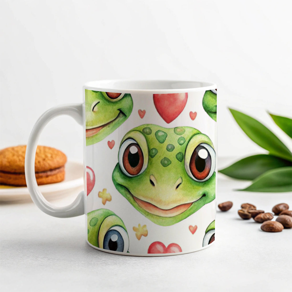 Cute Gecko Faces Hearts Watercolor Ceramic Tea Coffee Mug Cup - 11oz