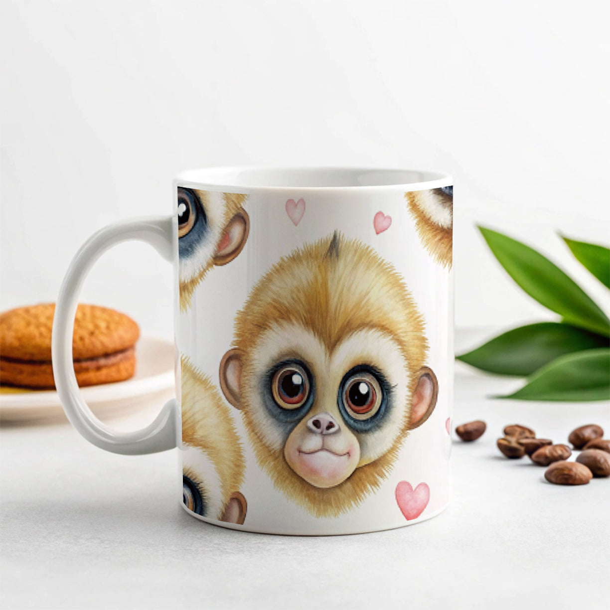 Cute Gibbons Faces Hearts Ceramic Tea Coffee Mug Cup - 11oz